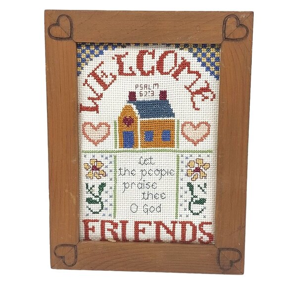Welcome Praise Scripture Art Cross Stitch, Vintage Hand Crafted Heart Framed Wal - Picture 1 of 3